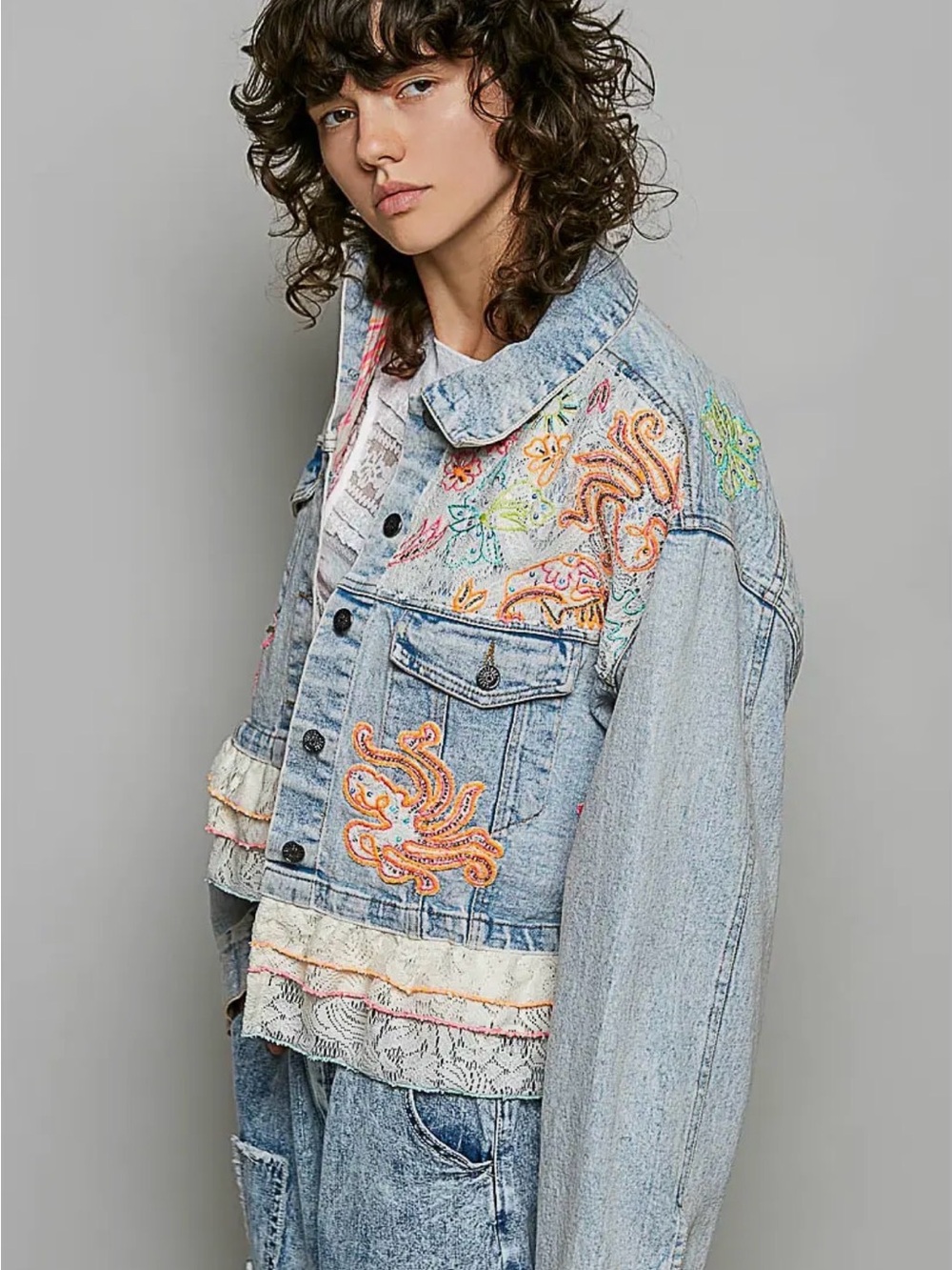 POL denim beaded sequin boho western lace patchwork floral jean jacket coat - Picture 3 of 5